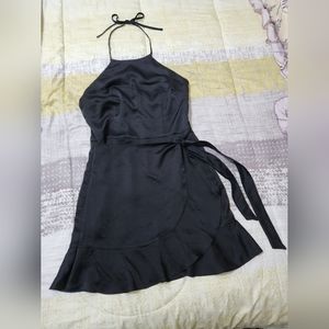Halter Neck Black Satin Mini Dress
